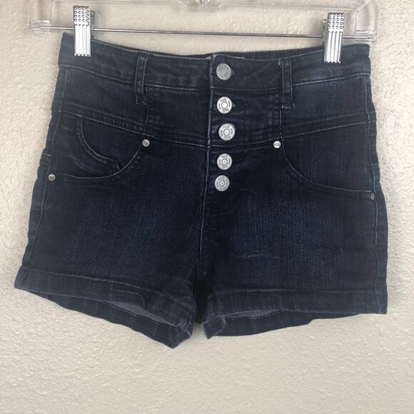 Tilly's RSQ Newport High Rise Denim Jean Button Up Blue Dark Wash Shorts - Picture 3 of 7